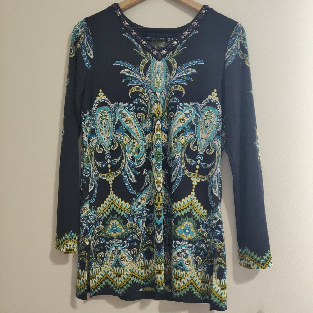 Susan Graver Artisan Beaded V Neck Tunic Top - Size XS